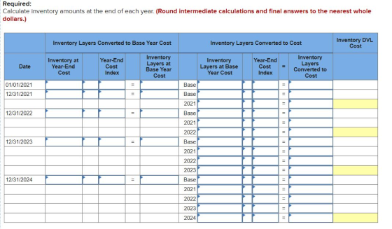 Required: Calculate inventory amounts at the end of each year. (Round intermediate calculations and final answers to the near
