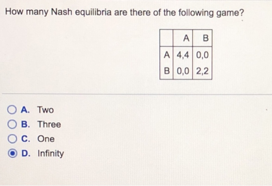 How many Nash equilibria are there of the following game? A| B A 4,4 0,0 B 0,0 2,2 OB. Three O C. One D. Infinity