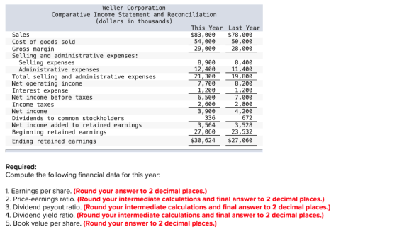 Weller Corporation Comparative Income Statement and Reconciliation (dollars in thousands) This Year Last Year Sales $83,000 $