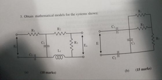 Ri 3. Obtain mathematical models for the systems shown: Ci Ri Ci R3 Ei Eo Li (10 marks) (b) (15 marks)