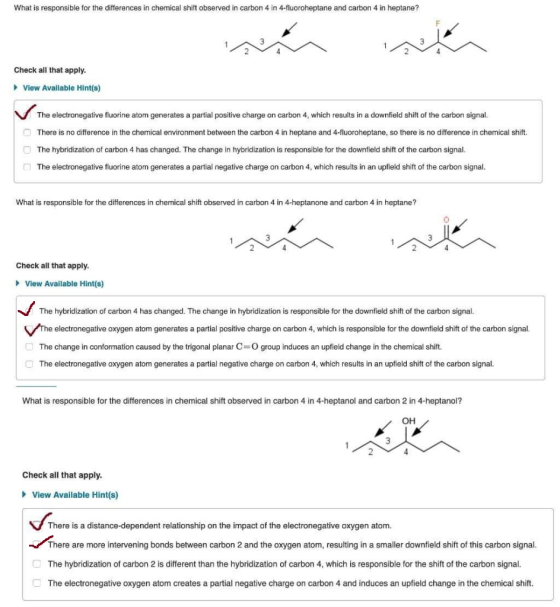What is responsible for the differences in chemical shift observed in carbon 4 in 4-fluoroheptane and carbon 4 in heptane? 2