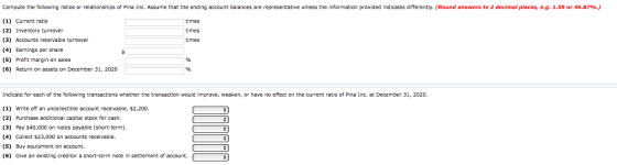 Compute the following ratios or relationships of Pina Inc. Assume that the ending account balances are representative unless