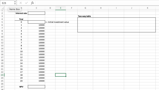 E23 Name Box Interest rate Two-way table Year 0 1 <-- Initial investment value 2 3 10 10000 10000 10000 10000 10000 10000 100