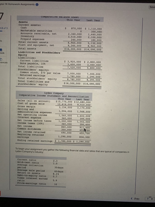 pter 14 Homework Assignments - Save Last Year 2 of 3 Comparative Balance sheet This Year Assets Current assets: $ 870,000 Mar