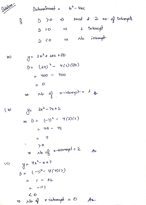 Solution Determinant b²-4ac ao D Yo rual & 2 noi of cohorepts D tinhocupt No insuscept. I co 8 2x?+ 101 tso y= D= (20)² 482)