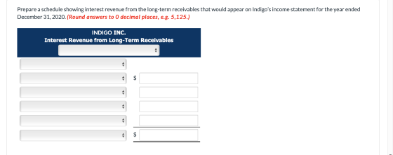 Prepare a schedule showing interest revenue from the long-term receivables that would appear on Indigos income statement for