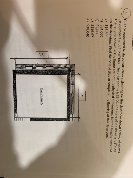 9. You are requested to do construction estimating for the classroom shown below, which will be equipped with 4X 6tiles. The price per tile is $5.00. The scale of the drawing is 1= 20. The lengths shown in the figure are not the physical dimensions, but the lengths measured on the drawings. Find the cost of tiles to complete the flooring of this classroom. a) $16,800 b) $84,000 c) $2,800 d) $116.67 e) $18,040 2 Classroom