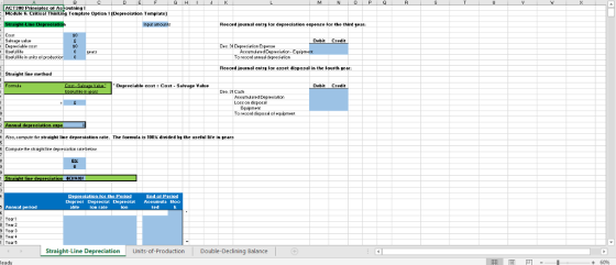 ACT300 Prinoiples of AoLoutning Module E: Cutioal Thinking Template Uption 1(Depreeiation Template] Input amounts Recond journal entry for depreciation ezpene For the third year: Savage value Deprecisble cost Useful Ife Useful lfe in units ol 50 0 eats Dec 31 Depreciation Experse Accumuated Deprecistion-Eq orecord ennuel deprecistion Record journal entry for asset disposal in the lourth gear Straight line method Fomda COSt-SPlvape ValDepreeiable eost Cost- Salwage Value Deo. 31 Cash Pecuaed Dpreclation Loss on disposal Equpmem To record disposal of equipment Also, compute the-straight line depreciation rate. The formula is 100% divided by the useful life in gears Compure the straige line depteonae below 02 Depreei Depreciat Depreciat Aceumula Boo ear1 Year 2 Yeer 3 0 Year4 Straight-Line Depreciation Units-of-Production Double-Declining Balance eady