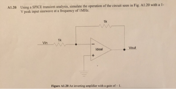 A1.20 Using a SPICE transient analysis, simulate the operation of the circuit scen in Fig. A1.20 with a 1- V peak input sinew