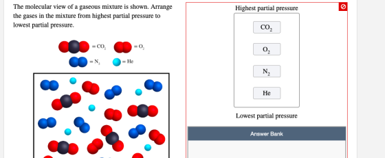 Highest partial pressure The molecular view of a gaseous mixture is shown. Arrange the gases in the mixture from highest part