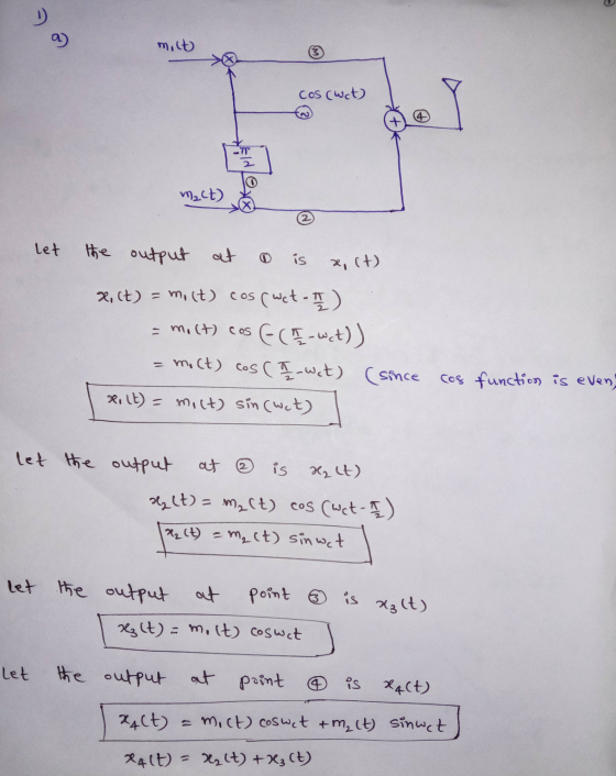 m.lt cos (wat) malt) Let the output at o is x,ct) 2, (t) = milt) cos(wet. I ) = molt) cos (I-wet)) = moct) cos(I wat) (since