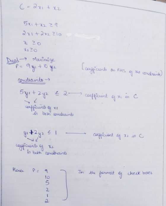 C = 2x1 + x2 5x1+xzza 2x1+2x2 zlo x 20 x2zo Dual - Maximize P= argi + 10 m2 [cofficiente on RHS of the constraints constraint