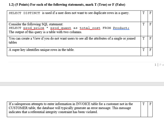 1.2) (5 Points) For each of the following statements, mark T (True) or F (False) SELECT DISTINCT is used if a user does not w