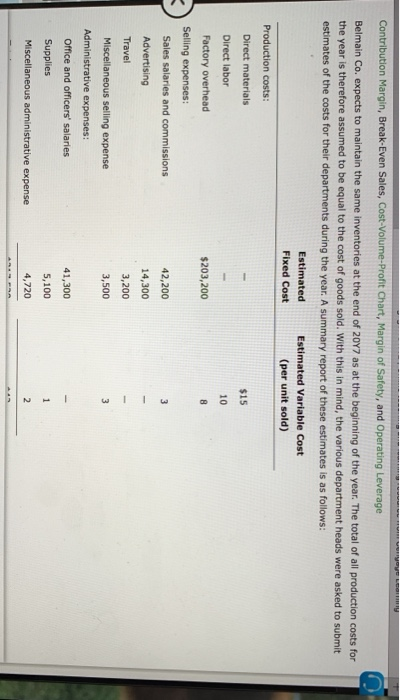 Contribution Margin, Break-Even Sales, Cost-Volume-Profit Chart, Margin of Safety, and Operating Leverage Belmain Co. expects