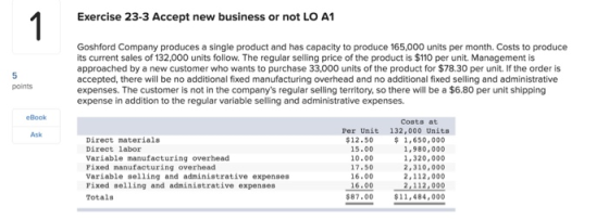Exercise 23-3 Accept new business or not LO A1 Goshford Company produces a single product and has capacity to produce 165,000