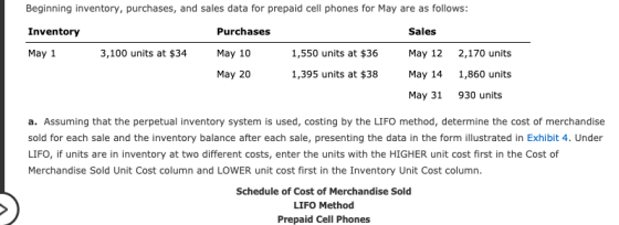 Beginning inventory, purchases, and sales data for prepaid cell phones for May are as follows: Inventory Purchases Sales May