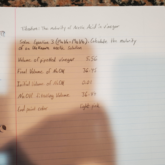 Titration: The molarity of Acetic Acid in vinegar Solve Equation 3 (Ma Va= Mb Vis), Calculate the molurity of an Unknown acet