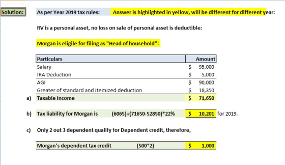 Solution: As per Year 2019 tax rules: Answer is highlighted in yellow, will be different for different year: RV is a personal