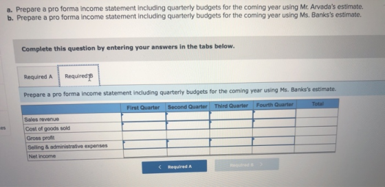 a. Prepare a pro forma income statement including quarterly budgets for the coming year using Mr. Arvadas estimate. b. Prepa