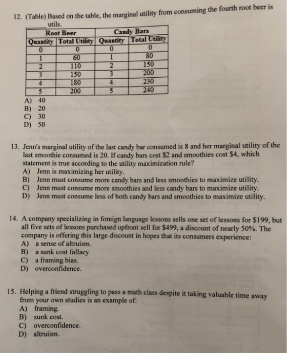12. (Table) Based on the table, the marginal utility from consuming the fourth root beer is utils. Root Beer Candy Bars Quant