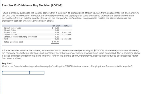 Exercise 12-10 Make or Buy Decision [LO12-3] Futura Company purchases the 73.000 starters that it installs in its standard li