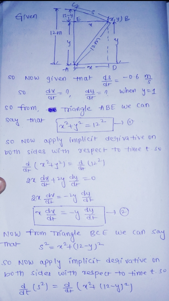 Given {x,y) B 12m -12m- Age so now given that ds = – 0.6 m dx = 1, du = ? When y=1 from, Triangle ABE we can say that (x² + y