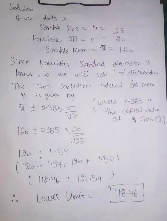 BREW Solution Given daeth is Sample size = na 25 Population SD = = = sample mean a t= 1go Since pobulada standard deviation i