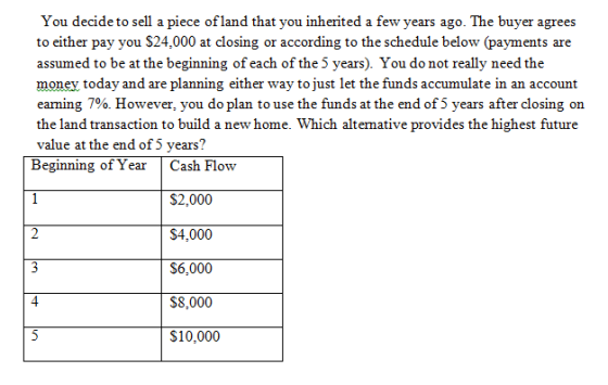 You decide to sell a piece ofland that you inherited a few years ago. The buyer agrees to either pay you $24,000 at closing or according to the schedule below (payments are assumed to be at the beginning of each of the 5 years). You do not really need the money today and are planning either way to just let the funds accumulate in an account earning 7%. However, you do plan to use the funds at the end of 5 years after closing on the land transaction to build a new home. Which altemative provides the highest future value at the end of 5 years? Beginning of Year Cash Flow $2,000 $4,000 6,(M $8,000 $10,000 2