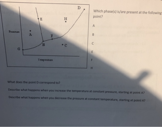 Which phase(s) is/are present at the following point? Preopure Tenpersture What does the point D correspond to? Describe what happens when you increase the temperature at constant pressure, starting at point A? Describe what happens when you decrease the pressure at constant temperature, starting at point H?