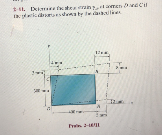 2-11. Determine the shear strain yy at corners D and Cif the plastic distorts as shown by the dashed lines. y 12 mm 4 mm 8 mm
