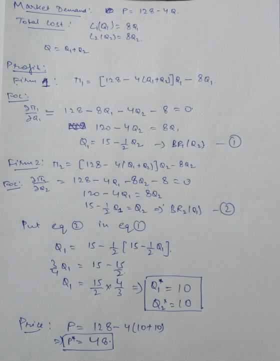 Market Demand? P= 128 - 4Q. Total cost ! C(Q, ) = 80 (2(Q2) = 80₂. Profit; Firm A T = [128-429, +Q.J]Q, - 8Q, Pol: IT, 40₂ -