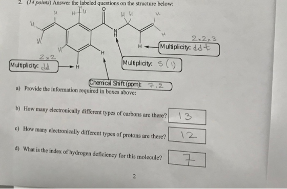 2. (14 points) Answer the labeled questions on the structure below: H HEU 2x2x3 Multiplicity: ddt 2x2 Multiplicity: JA Multip
