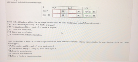 Use your unit circle to fill in the tables below: 5/6 2/3 cos(8) COS(-6) 1/4 sqrt2y2 sor/22 11 ! Based on the table above, wh