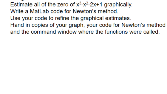 Estimate all of the zero of x3-x2-2x+1 graphically Use your code to refine the graphical estimates Hand in copies of your graph, your code for Newtons method and the command window where the functions were called