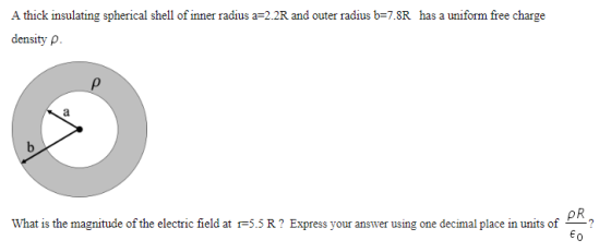 A thick insulating spherical shell of inner radius a=2.2R and outer radius b=7.8R has a uniform free charge density p. What i