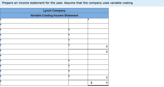 Prepare an income statement for the year. Assume that the company uses variable costing Lynch Company Variable Costing Income