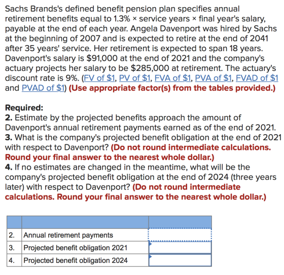 Sachs Brandss defined benefit pension plan specifies annual retirement benefits equal to 1.3% x service years x final years