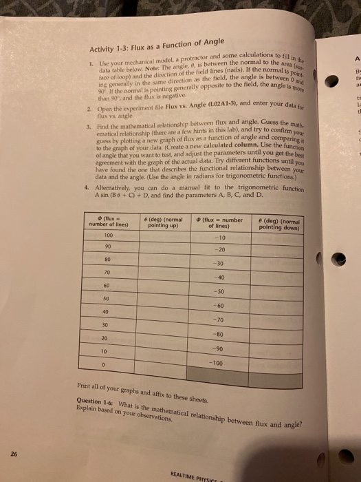 1. Use your mechanical model, a protractor and some calculations to fill in the data the below. Note: The angle, is between t