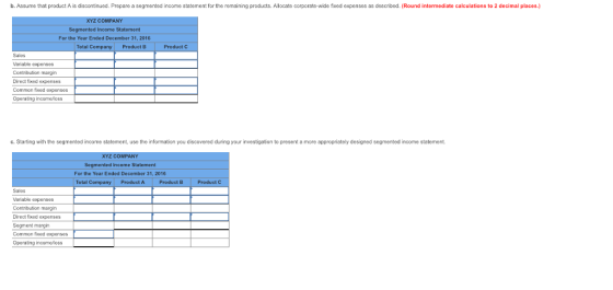 b. Assume that product A is discontinued. Prepare a segmented income statement for the remaining products. Allocate corporate-wide fixed expenses as described. (Round intermediate calculations to 2 decimal places.) COMPAN Segmented Income Statement For the Year Ended December 31, 2016 Total Product B Product Variable expenses Contribution margin Direct foxed expenses Common foxed expenses c. Starting with the segmented income statement, use the information you discovered during your investigation to present a more appropriately designed segmented income statement ment For the Year Ended December 31, 2016 Total Product A A Product B Product Q Variable expenses Contribution margin Direct fxed expenses Segment margin Common foxed expenses erating incomeñoss
