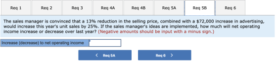 Req 1 Req 2 Req3 Req 4A Req 4B Req 5A Req 5B Req 6 The sales manager is convinced that a 13% reduction in the selling price,