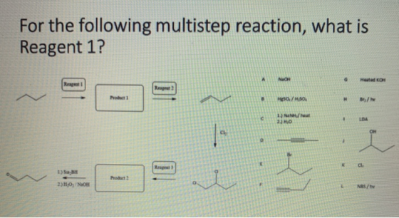 For the following multistep reaction, what is Reagent 1? A NON G Heated KOH Reset Repu2 Product H60/ MÔN H Br/ 1. Na 2.JHO .