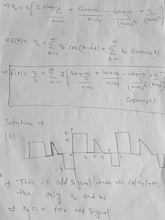 =)=212 (2 sino & Sinnwo Coshwo + 2 2 hoo hwo (hwo)? (hwo)? f(t) = 9+ E an cos (hot) + { bn sinchat) n=1 IF(A) = 3 + Coshod +2