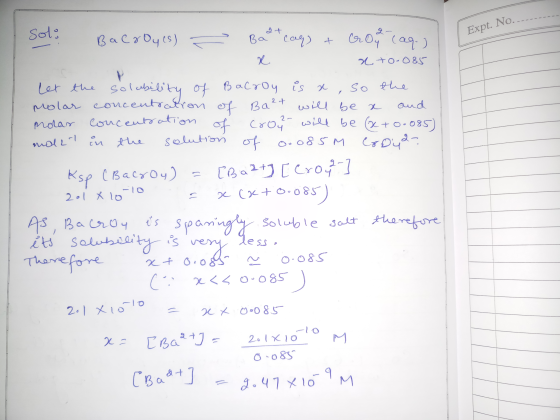Solo at Ba Cay) + Balroyes) Expt. No. croor caq.) x ato-085 P so the of Ba²+ will be a aud Let the solubility of Balroy is a
