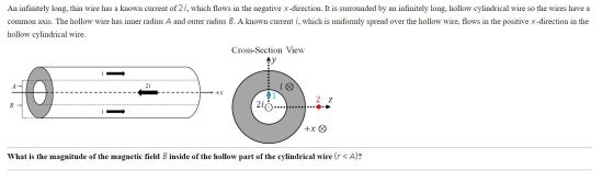 An infinitely long, thin wire has a known current of 2i, which flows in the negative x-direction. It is surrounded by an infi