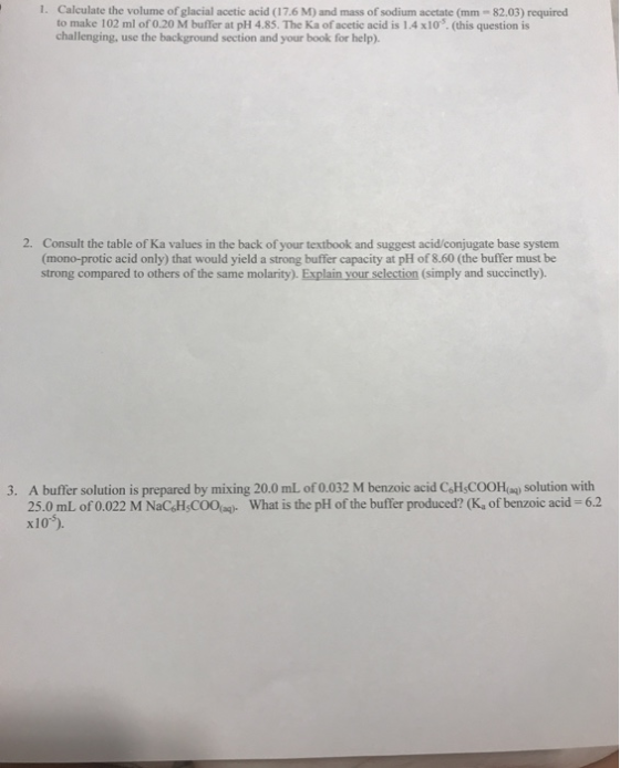 1. Calculate the volume of glacial acetic acid (17.6 M) and mass of sodium acetate (mm-82.03) required to make 102 ml of 0.20