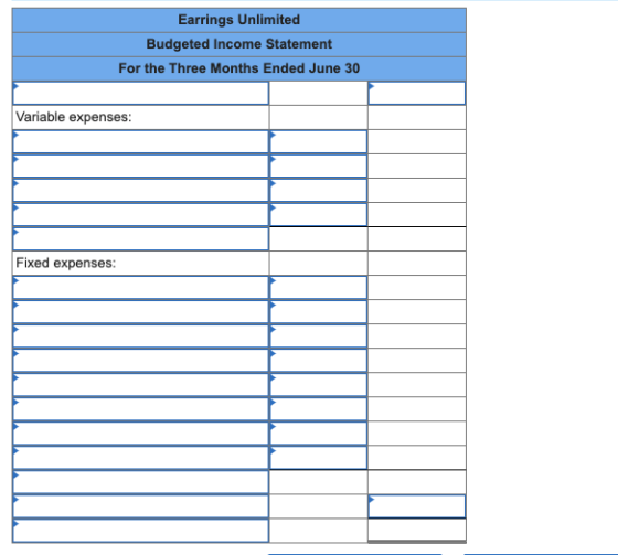 Earrings Unlimited Budgeted Income Statement For the Three Months Ended June 30 Variable expenses: Fixed expenses:
