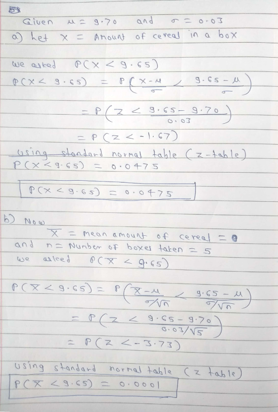 0) Ket χ AnouAf of cereal in a box b No X-E mean amount of cereal and n Number of boxes taken 5 PC-てく 9.GS) f(굿-시 using standard normal tahle -Table