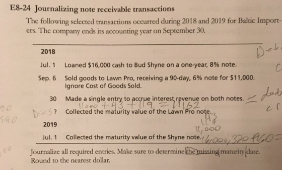 E8-24 Journalizing note receivable transactions The following selected transactions occurred during 2018 and 2019 for Baltic