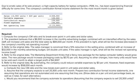 Due to erratic sales of its sole product-a high-capacity battery for laptop computers—PEM, Inc., has been experiencing financ