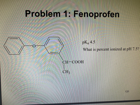 Problem 1: Fenoprofen persones d PK, 4.5 What is percent ionized at pH 7.5? CH-COOH D CH3 ES 131